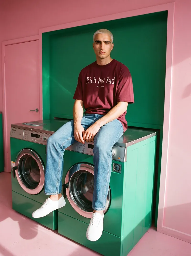 Dario in the burgundy Rich But Sad Monaco tee, sitting on a green washing machine in a pink laundromat