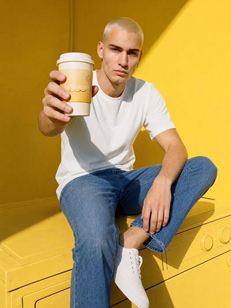 Soren, one of our cast, on a yellow machine in a yellow room, holding a Hello Again cup toward the camera