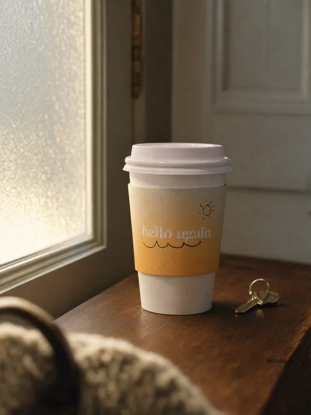 The cup on a dark wooden bench by the door, a key beside it