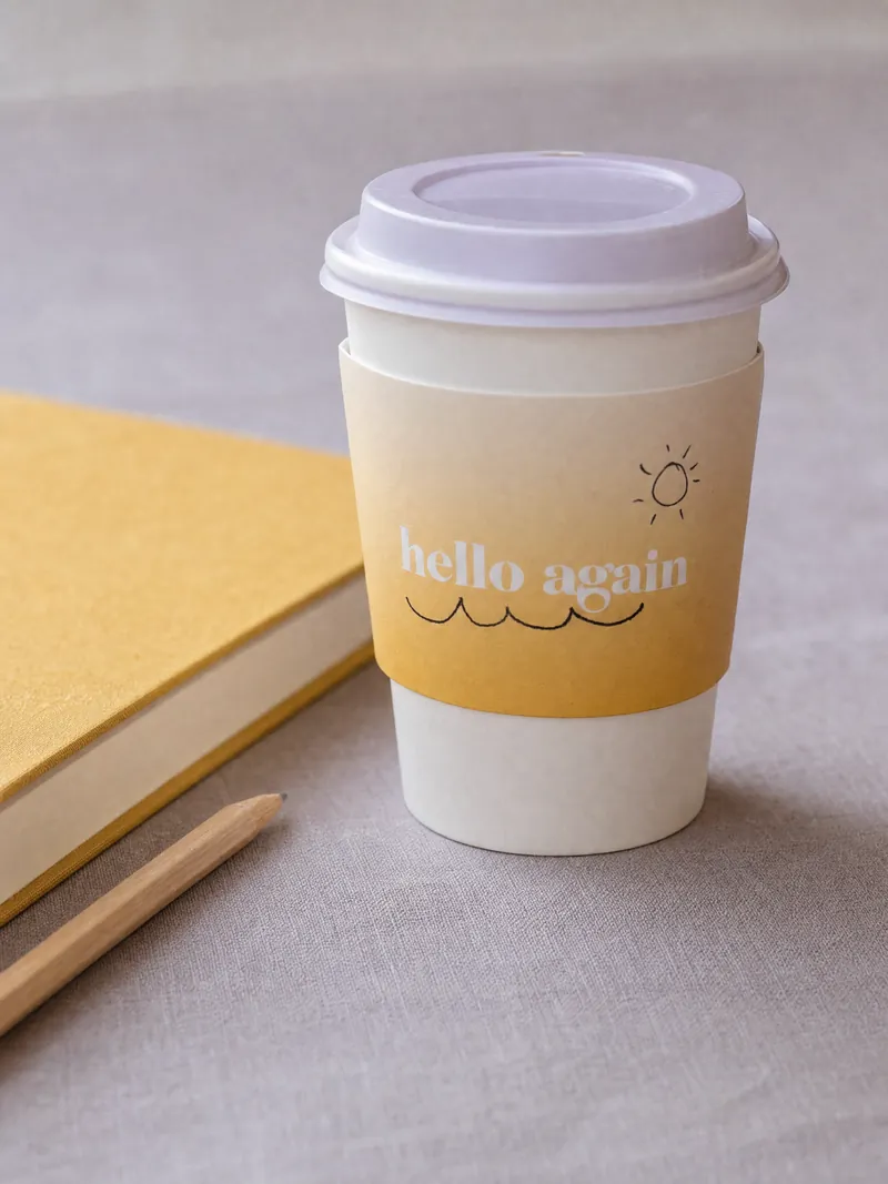 The cup on a lavender desk beside a gold notebook and a pencil