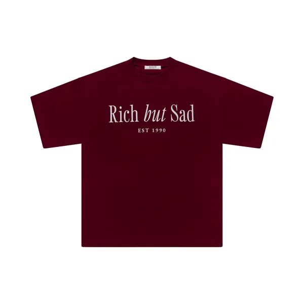 The brand's product photo of a burgundy Rich But Sad tee