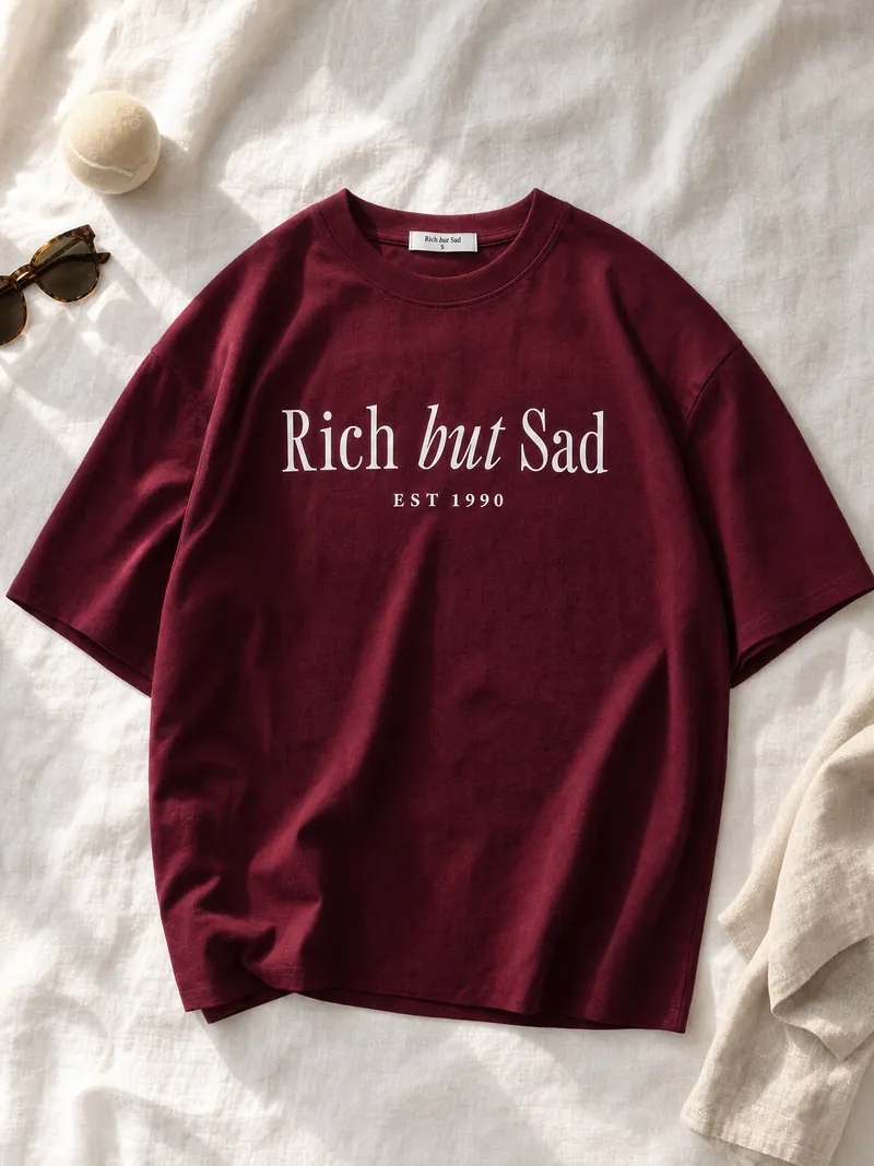 The burgundy Rich But Sad tee laid flat on white linen beside sunglasses and a tennis ball