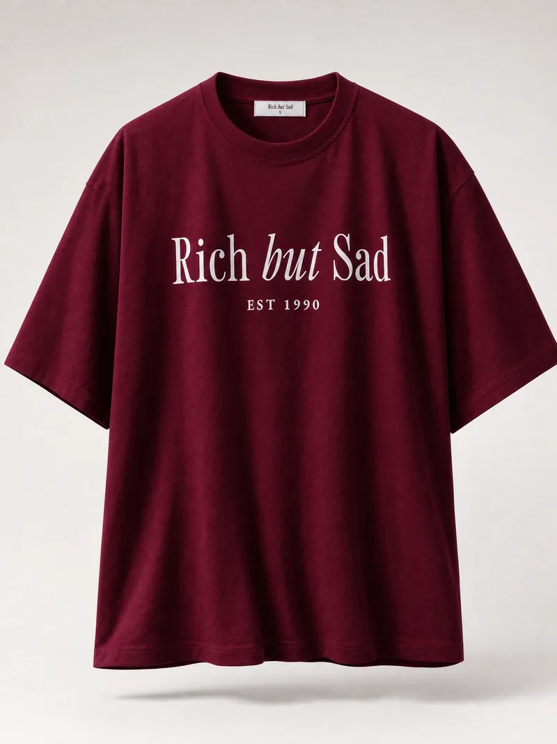 The burgundy tee in its real shape on an invisible mannequin against a plain backdrop