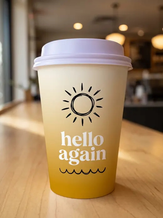 A rejected take: a cup with a giant sun and a stacked wordmark and no sleeve